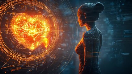 Poster - A futuristic figure gazes at a glowing heart symbol in a digital tech landscape