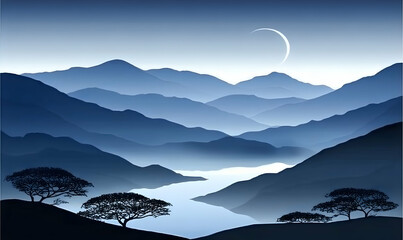 serene blue mountain landscape at dawn, crescent moon, misty valley, silhouette trees. perfect for t