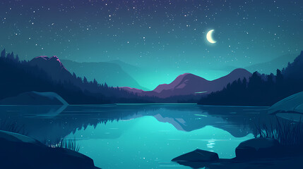 Canvas Print - glowing celestial bodies reflecting peaceful lagoon night, serene, sky, stars, tranquil, calm, moon,