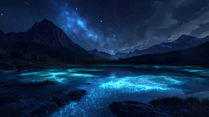luminous lagoon bioluminescence at night with moonlit mountains. starlit lagoon. illustration