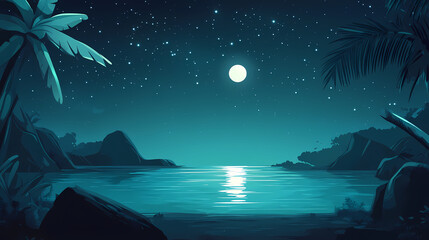 Serene night sky mirrors starlit ocean in tranquil dark waterscape. Starlit Lagoon. Illustration