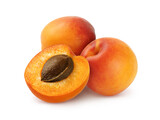 Set of three apricots, isolated on transparent background. Whole and half.