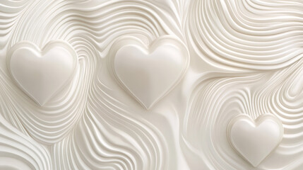 Poster - White 3D hearts rising from undulating white surface, conveying romantic Valentine's mood with elegant minimalist design