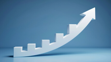 Poster - 3D white arrow ascending on blue background, symbolizing growth and progress. arrow is designed with steps, representing increasing levels