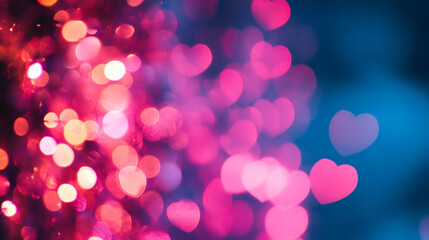Poster - Soft heart-shaped bokeh blending pink and blue hues, radiating romantic Valentine's mood against blurred background