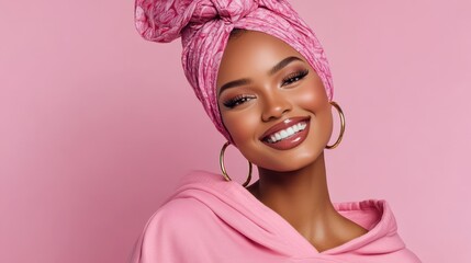 Wall Mural - A joyful African American woman in a pink hoodie and scarf radiates positivity against a soft pink backdrop