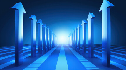 Poster - futuristic scene featuring blue arrows pointing upward, symbolizing growth and progress. arrows are arranged in linear perspective, creating sense of depth and direction