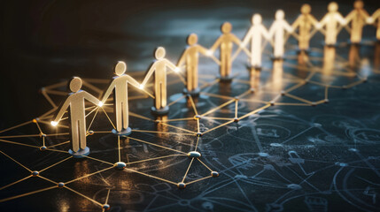Poster - Connected figures holding hands symbolize teamwork and collaboration in digital network, representing unity and shared goals in modern environment