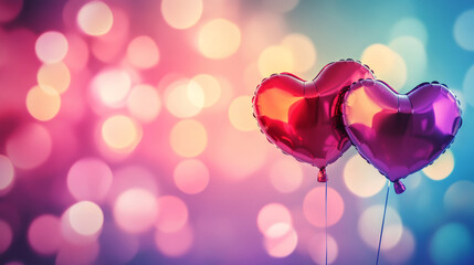 Leinwandbilder - Two heart shaped balloons floating on a colorful bokeh background creating a romantic Valentine's Day atmosphere