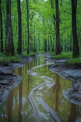 Wall Mural - Muddy forest path reflects green trees.