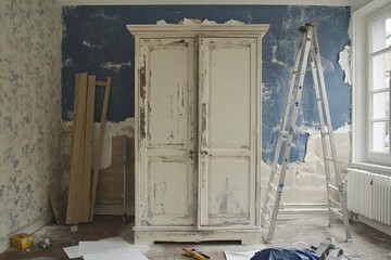 Home renovation involves restoring or refurbishing an old flat, with the walls newly painted in blue