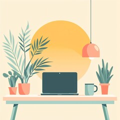 Workspace with a minimalist desk laptop coffee mug and creative wall art bright and clean flat 2D style