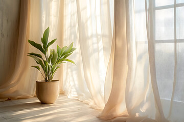 Canvas Print - Sunlit room with sheer curtains and plant pot.