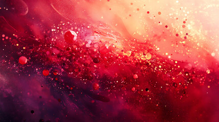 Leinwandbilder - Vibrant red canvas featuring shimmering golden glitter and iridescent oil droplets forming dynamic artistic patterns