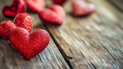 Poster - Sparkling red hearts resting on weathered wood, symbolizing romantic holiday sentiment