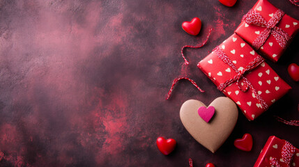 Poster - Valentine's gifts wrapped in red, heart-shaped candies scattered near festive decorations on textured surface with open space