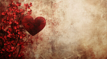 Poster - Romantic background with red heart and flowers on grunge wall perfect for Valentine's Day projects