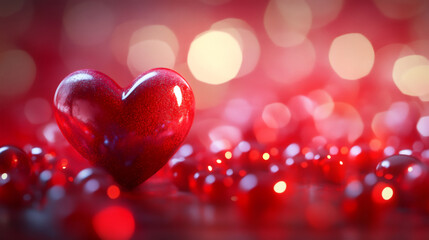 Leinwandbilder - Glossy crimson heart amid soft romantic bokeh, symbolizing passionate valentine's day emotions and tender affection