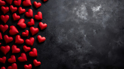 Leinwandbilder - Many red hearts lying on a dark textured background creating a romantic Valentine's Day greeting card with copy space