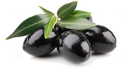 Poster - black olives with leaves on a transparent background generative ai