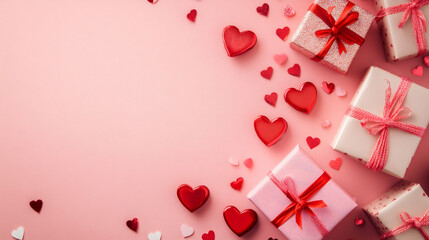 Poster - Gift boxes and hearts creating a Valentine's Day themed composition on a pink surface with copy space