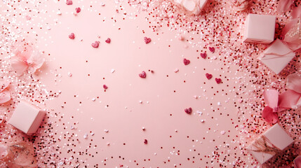 Poster - Pink Valentine's Day background featuring beautifully arranged gift boxes, sparkling glitter, romantic hearts, and ample copy space for messages