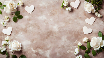 Poster - White roses and hearts creating a frame on a textured background, perfect for Valentine's Day projects