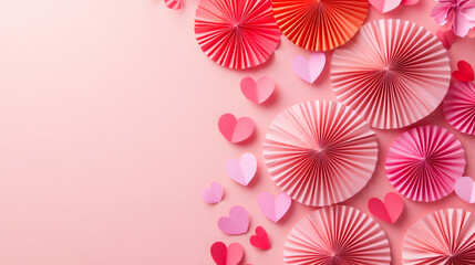Leinwandbilder - Valentine's Day background decorated with pink and red paper fans and hearts creating a festive atmosphere
