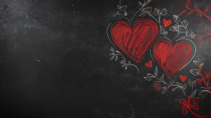 Poster - Red hearts and floral decorations drawn on a blackboard create a romantic Valentine's Day atmosphere
