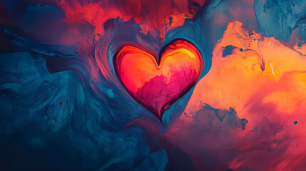 Poster - Colorful abstract painting with a glowing red heart in the center, perfect for Valentine's Day projects