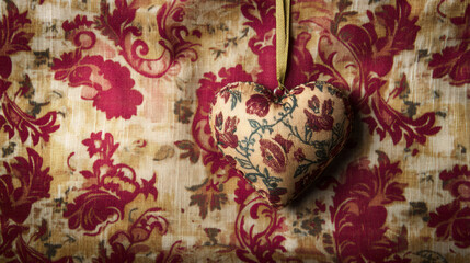 Poster - Fabric heart hanging on a floral patterned background, creating a romantic atmosphere for Valentine's Day