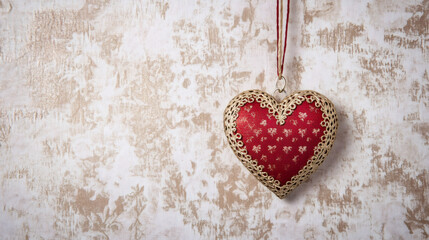 Poster - Red and gold heart-shaped Christmas ornament hanging on a rustic background, perfect for Valentine's Day greetings