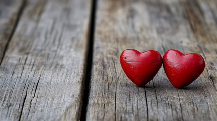 Poster - Red hearts sitting on wooden surface, symbolizing romantic connection and holiday sentiment