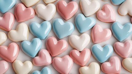 Poster - Many small heart shaped cookies with pastel colored icing forming a romantic background for Valentine's Day