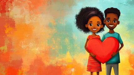Poster - Smiling boy and girl holding a big red heart, celebrating Valentine's Day with love and happiness