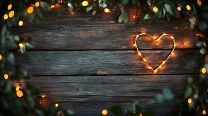 Leinwandbilder - Glowing heart shaped lights creating a romantic atmosphere for Valentine's Day on a rustic wooden background with green leaves