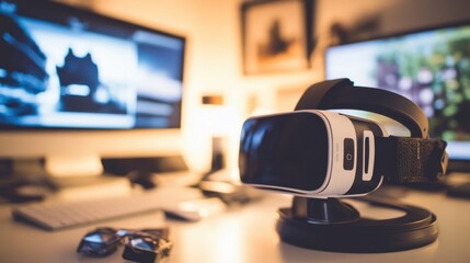Poster - A virtual reality headset on a desk, surrounded by tech gadgets in a dimly lit room.