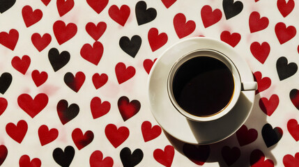 Poster - Coffee cup standing on white tablecloth with red and black hearts celebrating Valentine's Day, seen from above