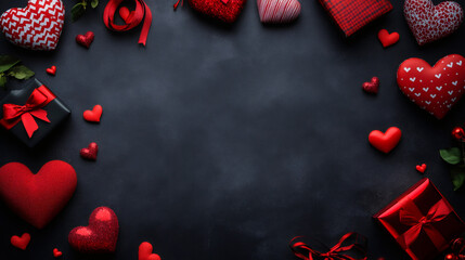 Poster - Valentine's Day composition featuring red hearts, gift boxes, and ribbons arranged on a black background, creating a festive frame with copy space