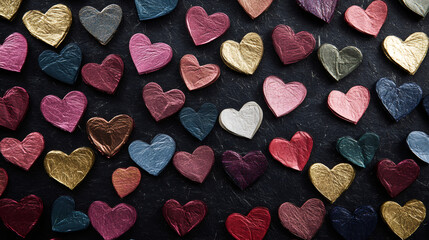 Poster - Metallic paper hearts in various colors forming a romantic pattern, ideal for Valentine's Day projects and designs