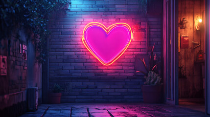 Poster - Glowing pink neon heart sign fixed on a brick wall, creating a romantic and vibrant atmosphere in a night scene