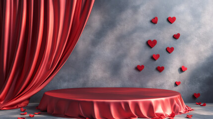 Poster - Red round stage with curtain and hearts floating on a gray wall celebrating Valentine's Day