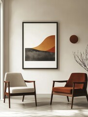 Wall Mural - Two armchairs in room with white wall and big frame poster on it. Scandinavian style interior design of modern living room. Created with generative AI