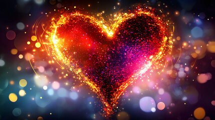 Leinwandbilder - Bright Valentine's Day heart formed by colorful glowing particles with bokeh effect on a dark background