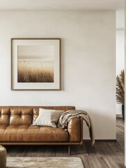 Wall Mural - Brown leather sofa, picture frame, room design. View of modern scandinavian style interior with artwork mock up on wall.