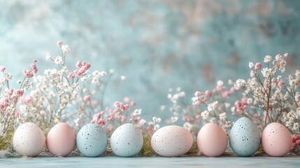 Wall Mural - Beautiful easter pastel background with speckled eggs and delicate spring flowers for copy space design