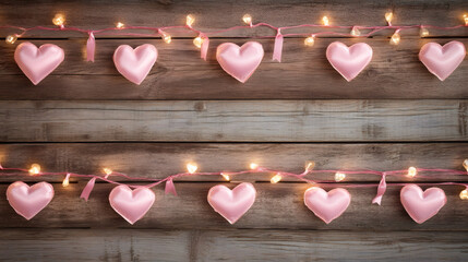 Leinwandbilder - Valentine's Day background with pink hearts hanging from a string of lights on rustic wooden planks