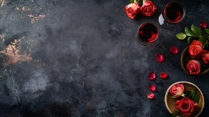 Aufkleber - Elegant romantic setup featuring red roses, wine glasses, scattered petals on dark textured surface, embodying intimate Valentine's mood