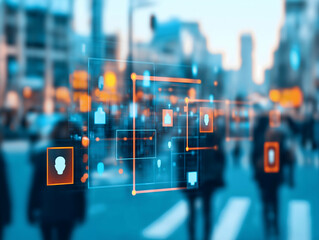 Aufkleber - A digital overlay of facial recognition technology in an urban environment, showcasing people in motion against a blurred city backdrop.