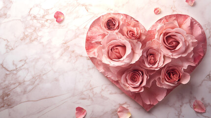 Poster - Delicate pink roses forming a heart shape on a marble background, creating a romantic atmosphere for Valentine's Day